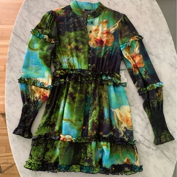 NWT ICONE Simons ruffle mini dress with pictorial imagery great colour combo M - Picture 7 of 11